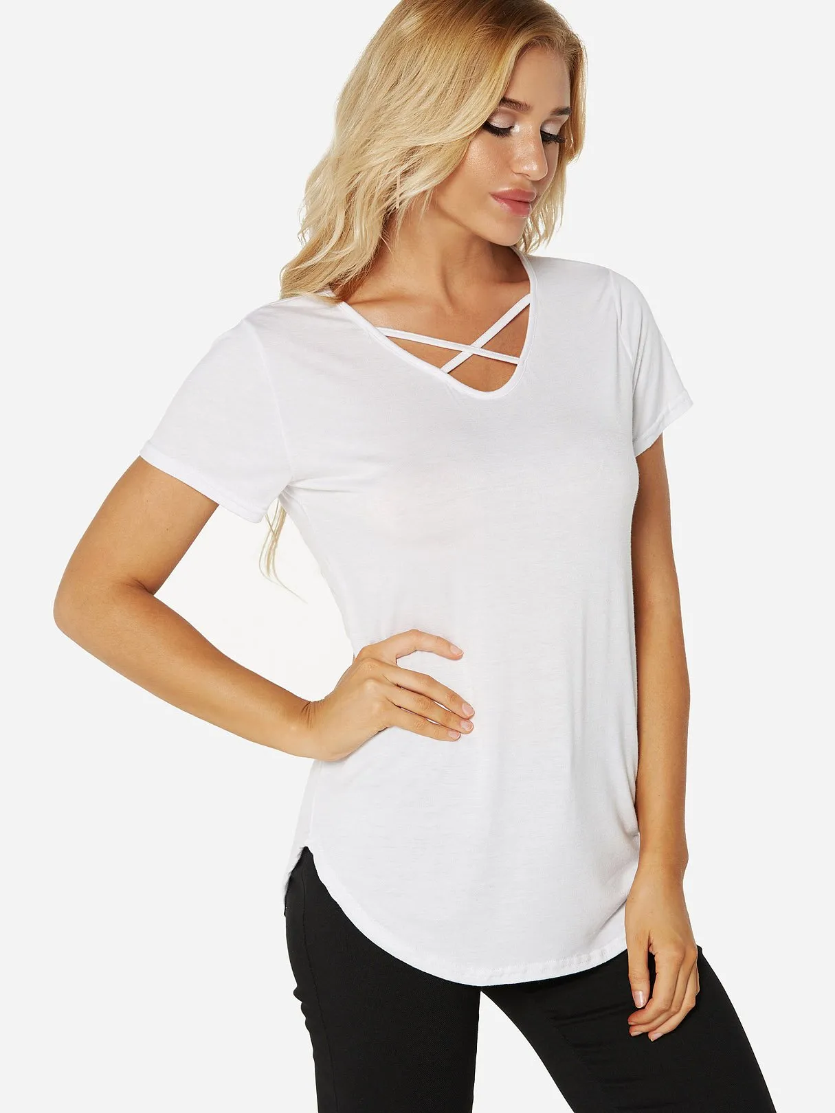 Custom V-Neck Plain Crossed Front Short Sleeve Tee