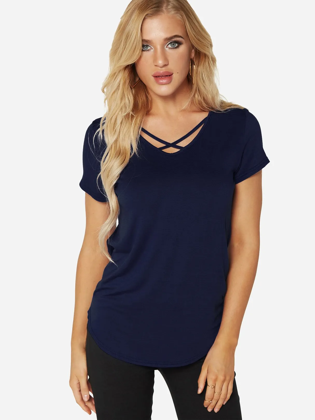 Custom V-Neck Plain Crossed Front Short Sleeve Tee