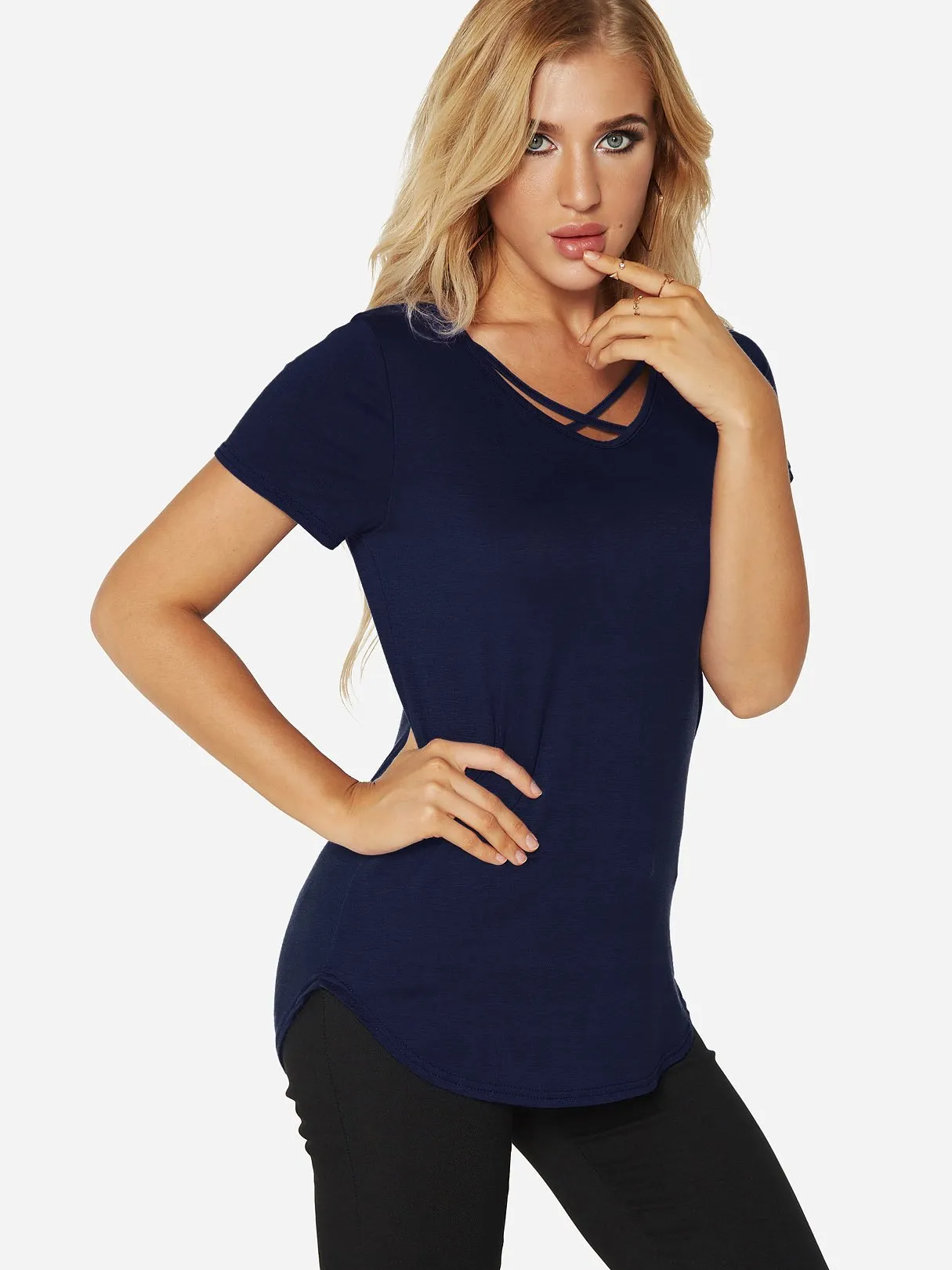 Custom V-Neck Plain Crossed Front Short Sleeve Tee
