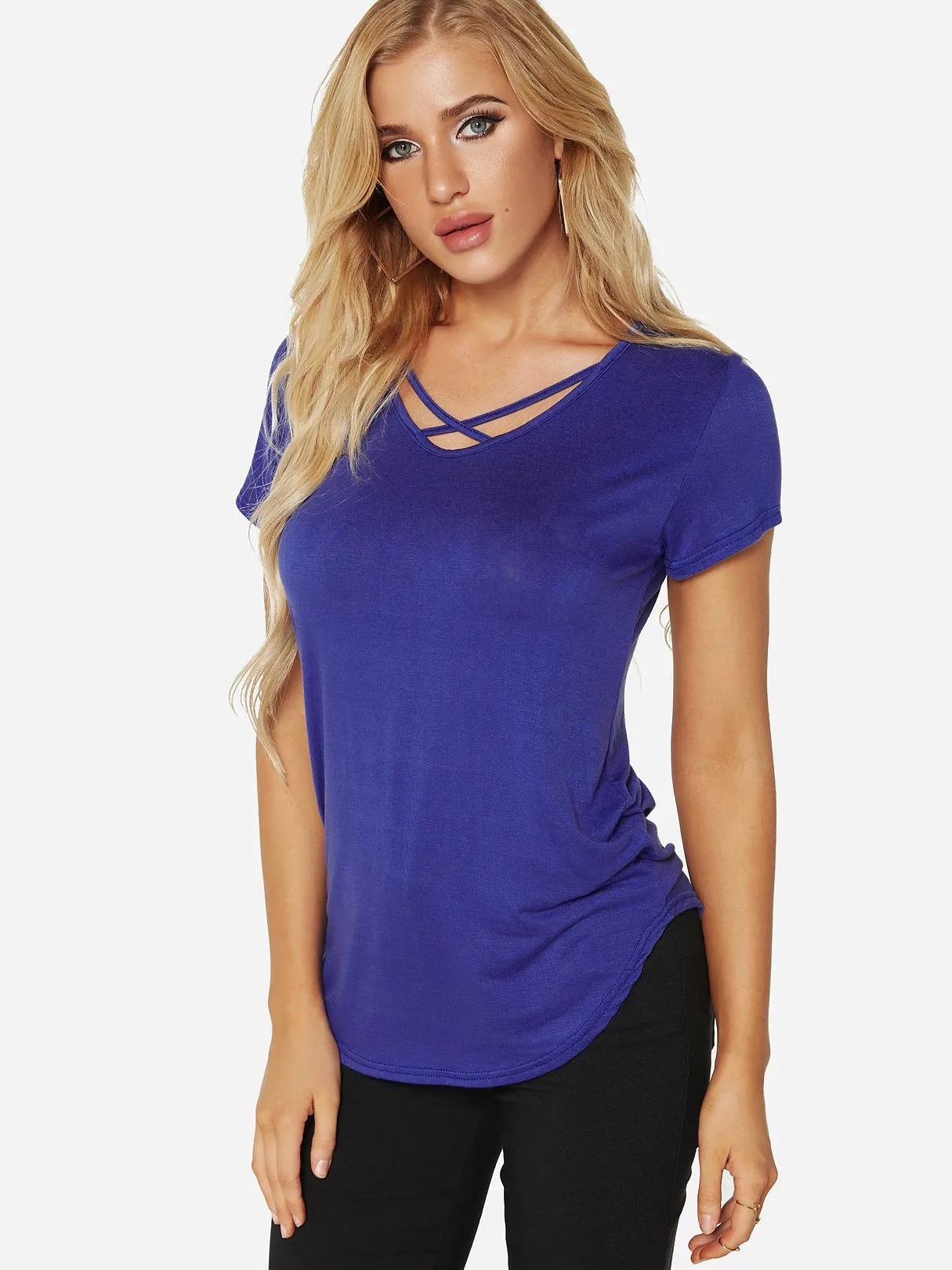 Custom V-Neck Plain Crossed Front Short Sleeve Tee