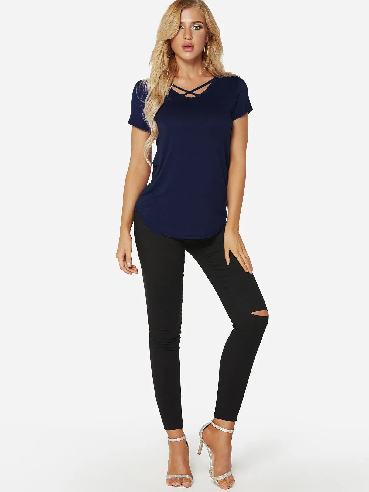 Custom V-Neck Plain Crossed Front Short Sleeve Tee