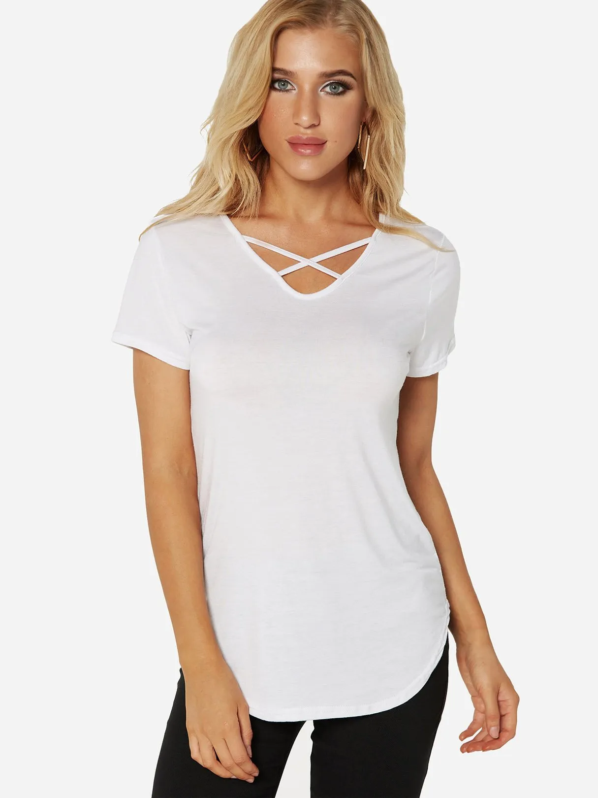 Custom V-Neck Plain Crossed Front Short Sleeve Tee