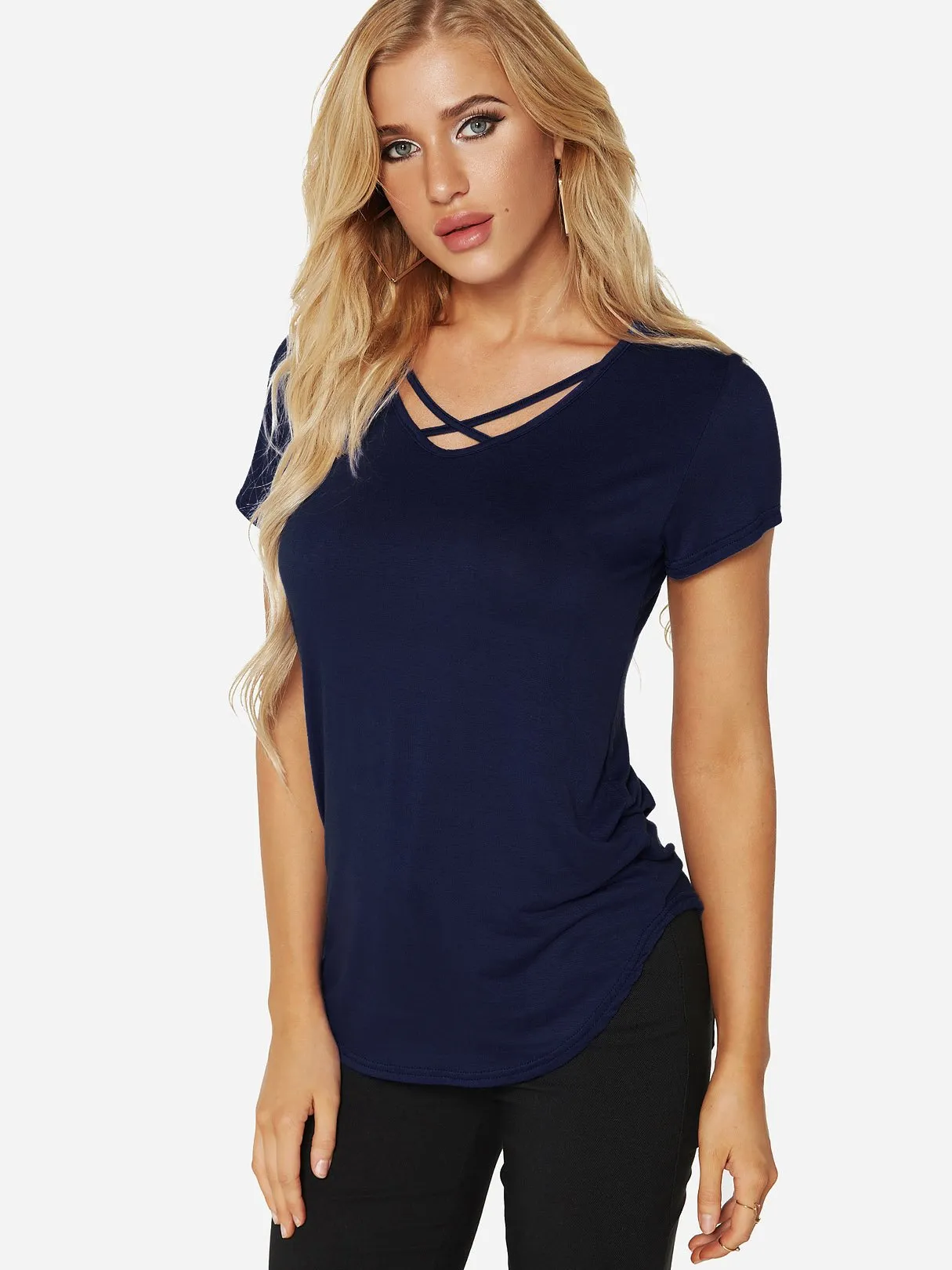 Custom V-Neck Plain Crossed Front Short Sleeve Tee