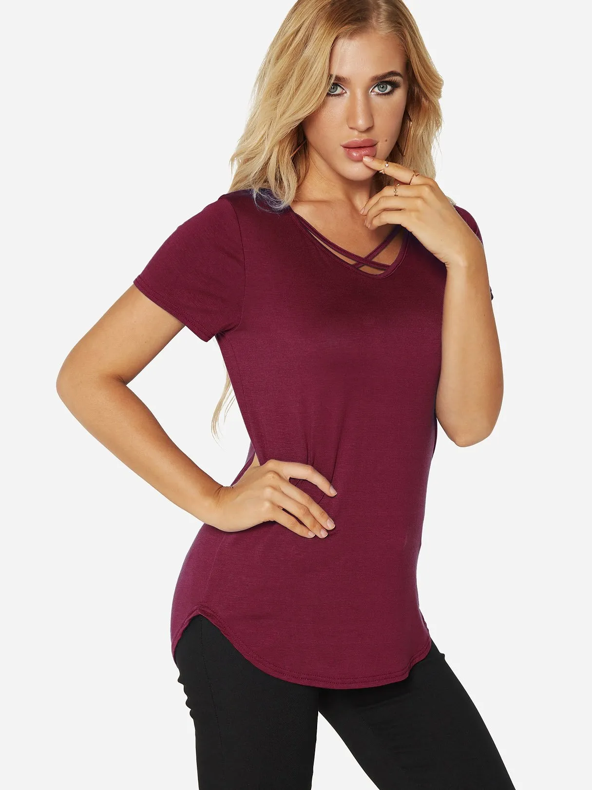 Custom V-Neck Plain Crossed Front Short Sleeve Tee