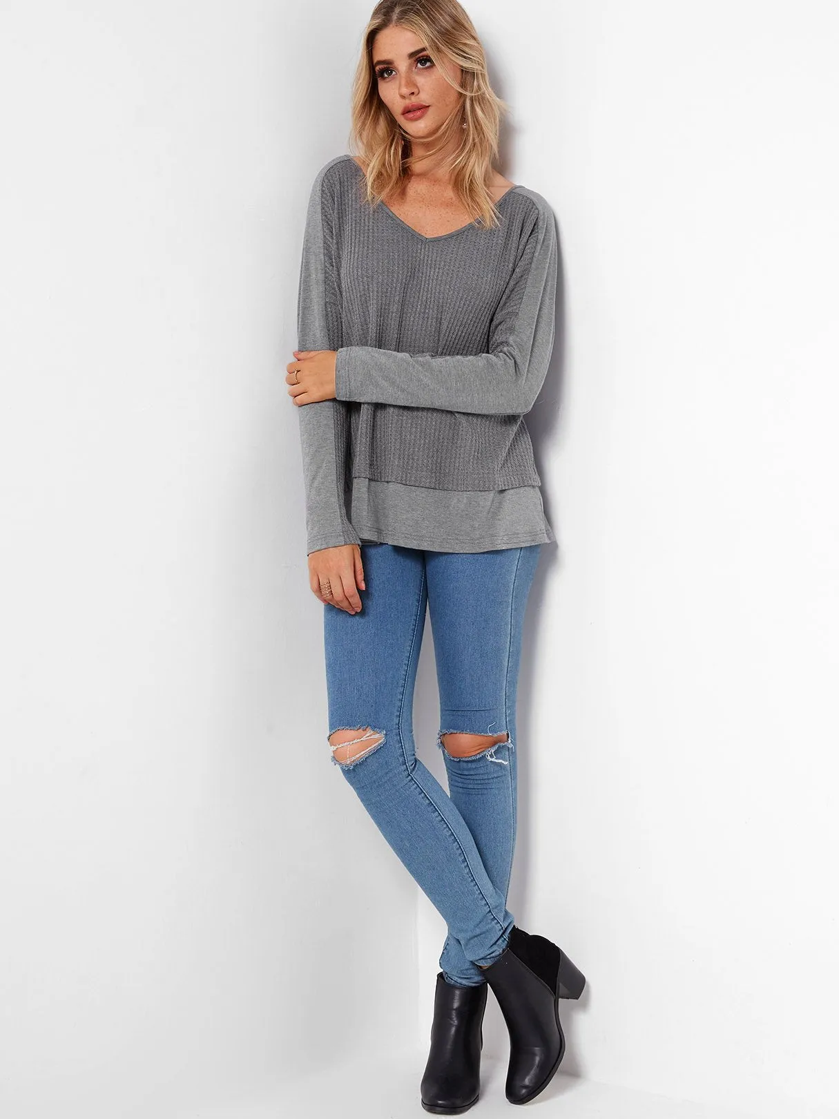Custom V-Neck Stitching Long Sleeve Grey T-Shirts