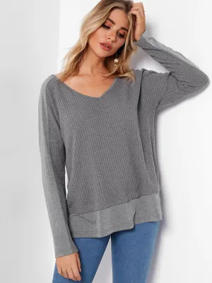 Custom V-Neck Stitching Long Sleeve Grey T-Shirts