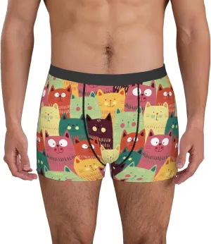 Cute Cartoon Cat Print Boxer Briefs For Men Breathable Underwear-