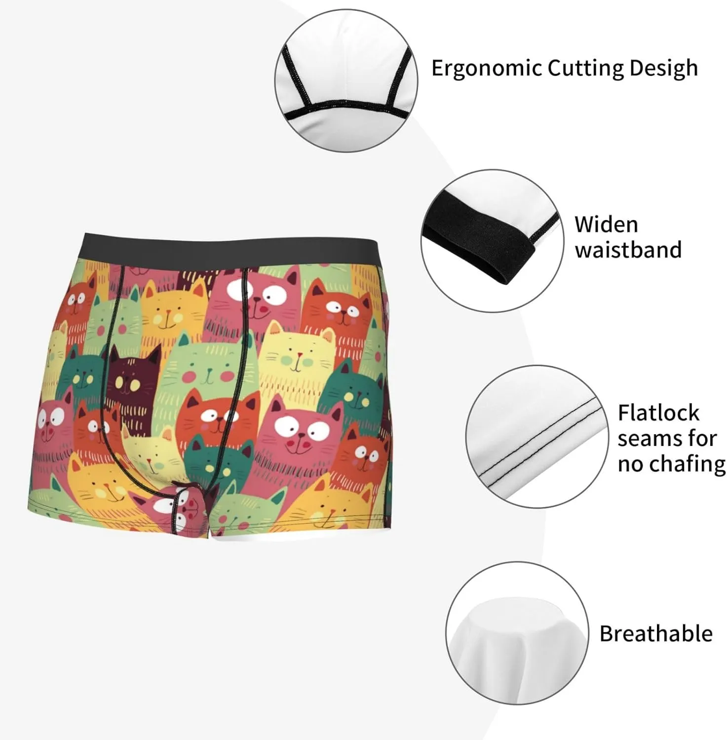 Cute Cartoon Cat Print Boxer Briefs For Men Breathable Underwear-