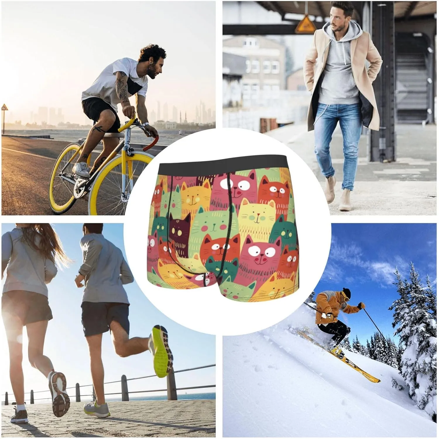 Cute Cartoon Cat Print Boxer Briefs For Men Breathable Underwear-