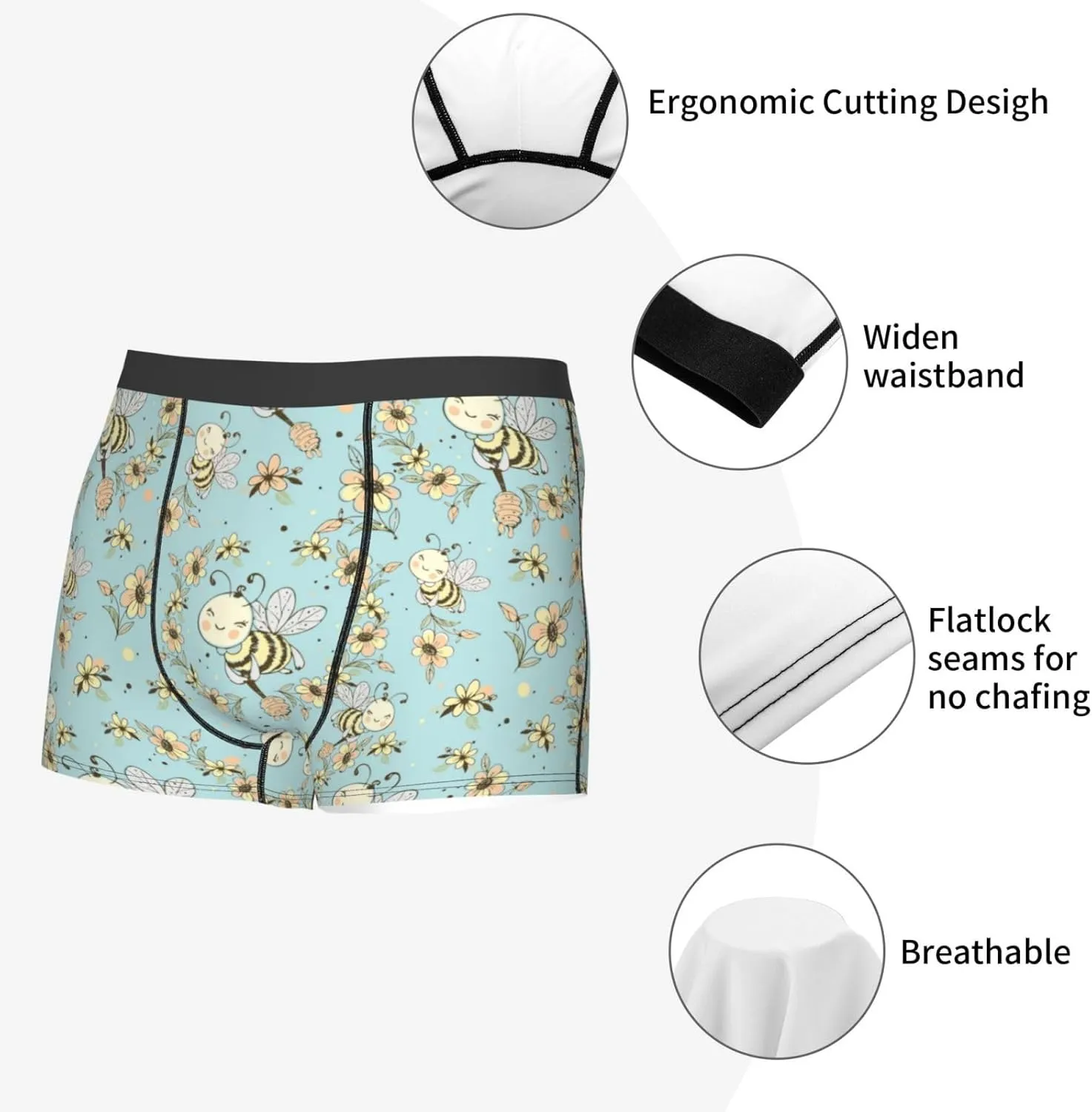 Cute Honeybees Print Boxer Briefs For Men Breathable Underwear-