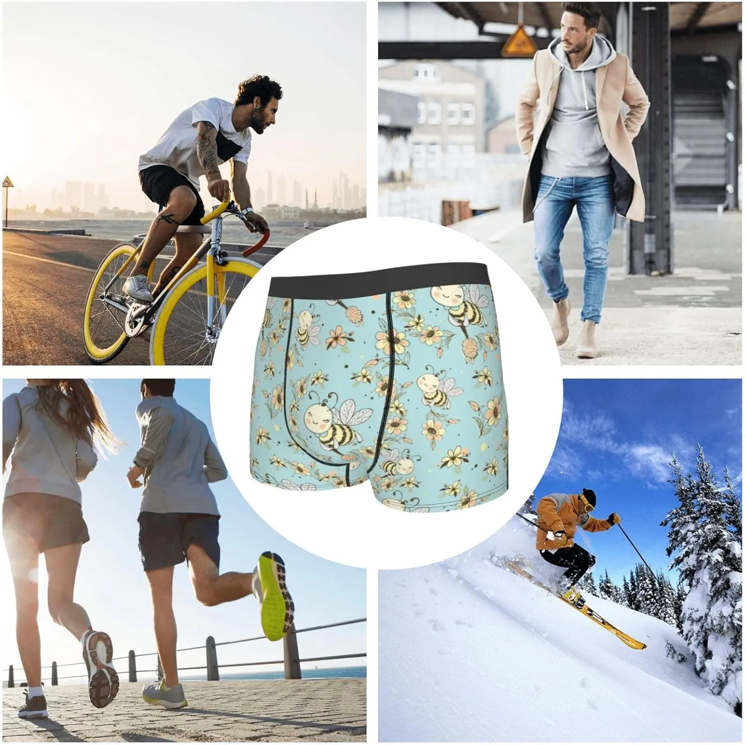 Cute Honeybees Print Boxer Briefs For Men Breathable Underwear-