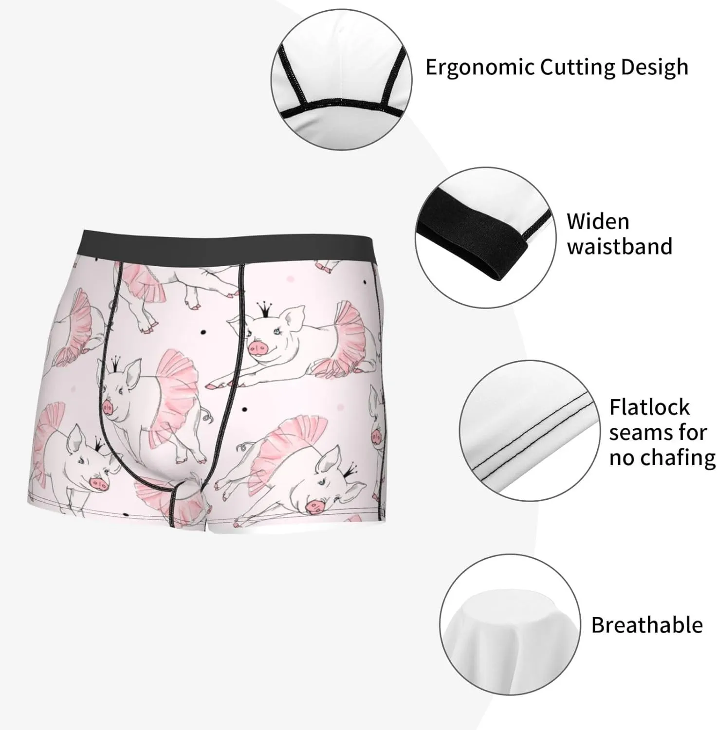 Cute Piggy Ballerina Print Boxer Briefs For Men Breathable Underwear-