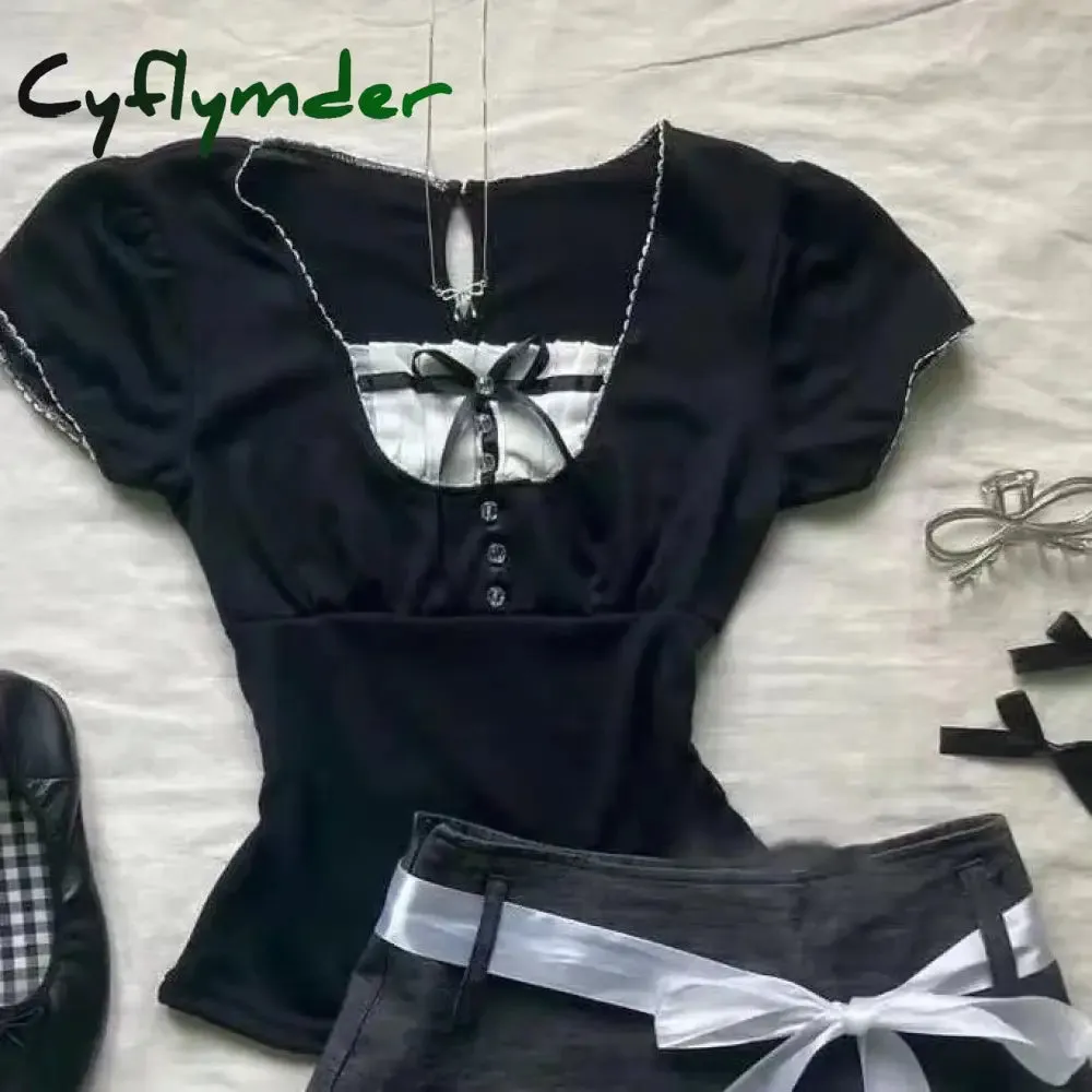 Cyflymder 2000s FemmeKawaii High waist Pleated skirt Y2k Punk Sexy Slim Streetwear Bow Mini Skirts Emo Girl Gothic Women Vintage Clothes