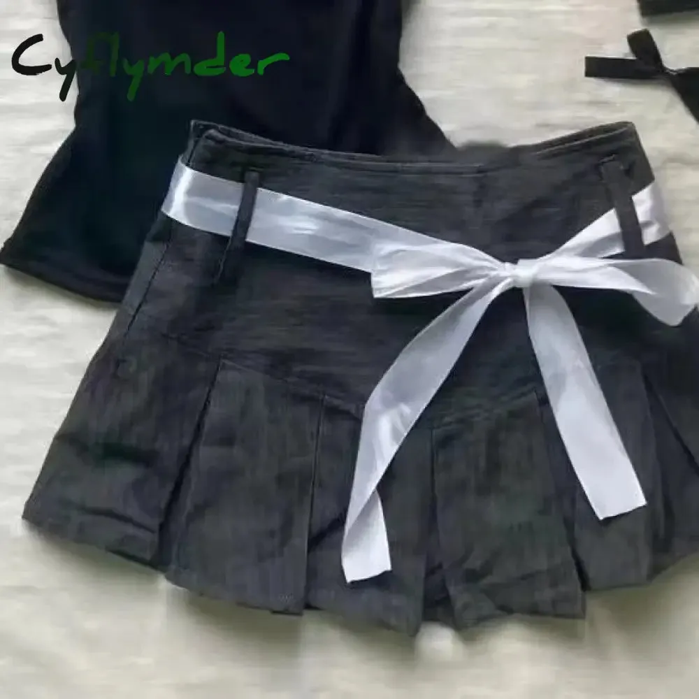 Cyflymder 2000s FemmeKawaii High waist Pleated skirt Y2k Punk Sexy Slim Streetwear Bow Mini Skirts Emo Girl Gothic Women Vintage Clothes