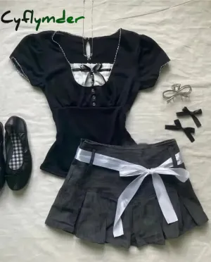 Cyflymder 2000s FemmeKawaii High waist Pleated skirt Y2k Punk Sexy Slim Streetwear Bow Mini Skirts Emo Girl Gothic Women Vintage Clothes