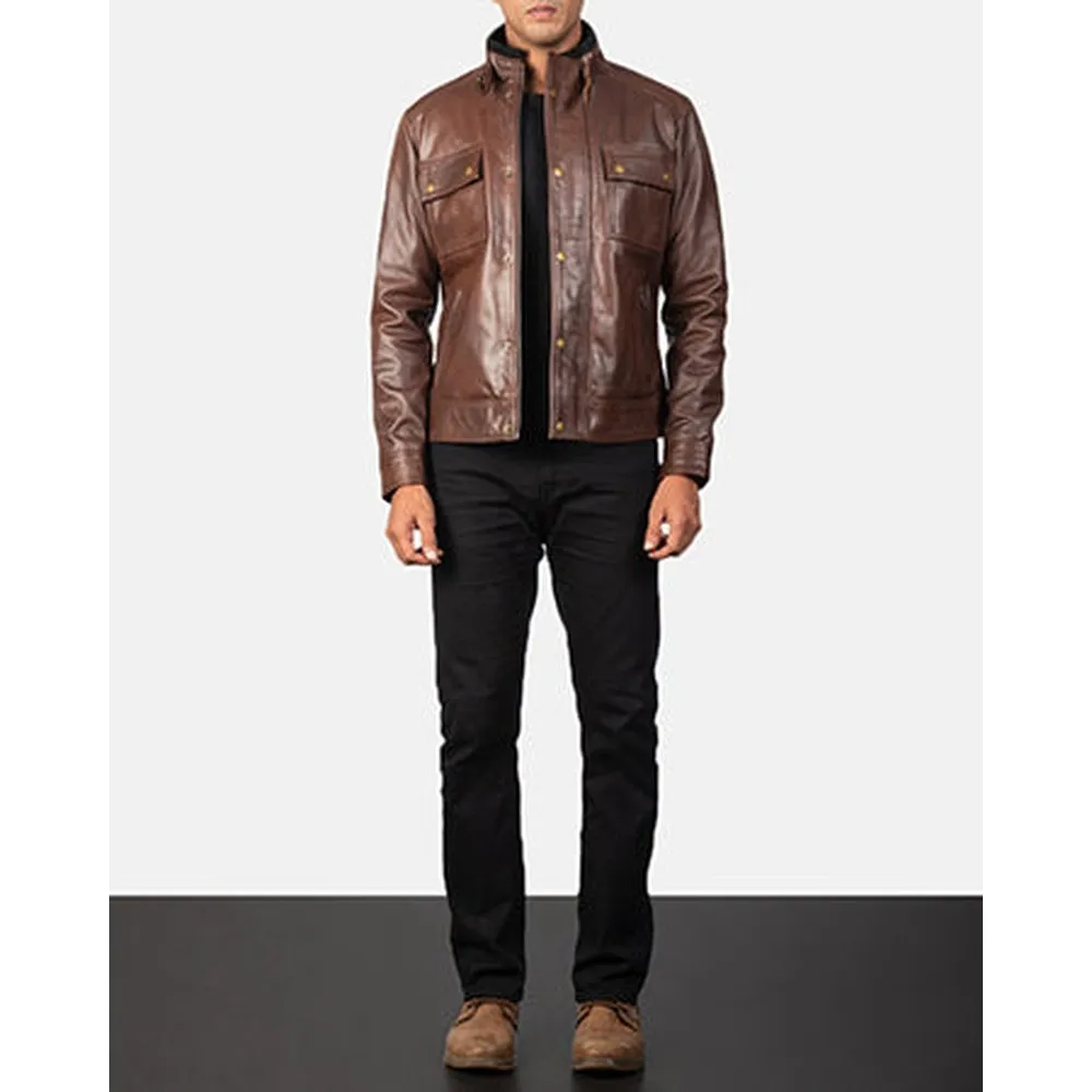 Darren Brown Leather Biker Jacket Up to 5XL