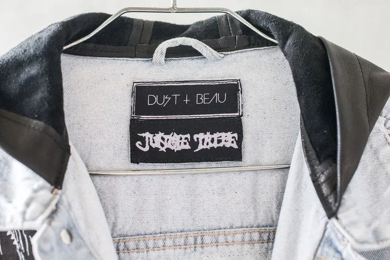 Denim Jacket with Black Leather Sleeves and Hood