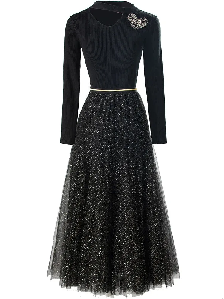 Diamonds Beaded Elastic Waist Skirt Dress