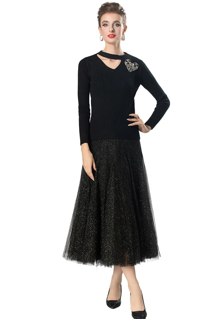 Diamonds Beaded Elastic Waist Skirt Dress