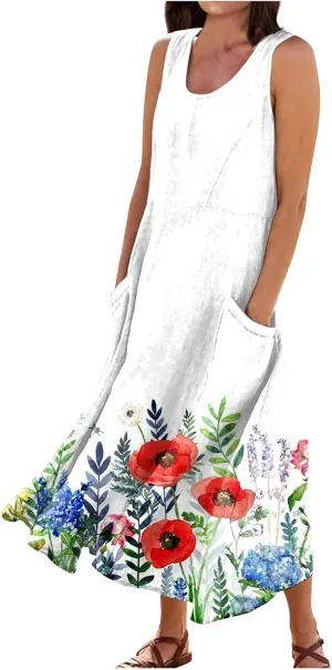 Dresses for Women 2025 Floral Print A-Line Sundress U Neck Sleeveless Tank Dress Trendy Boho Dress with Pockets