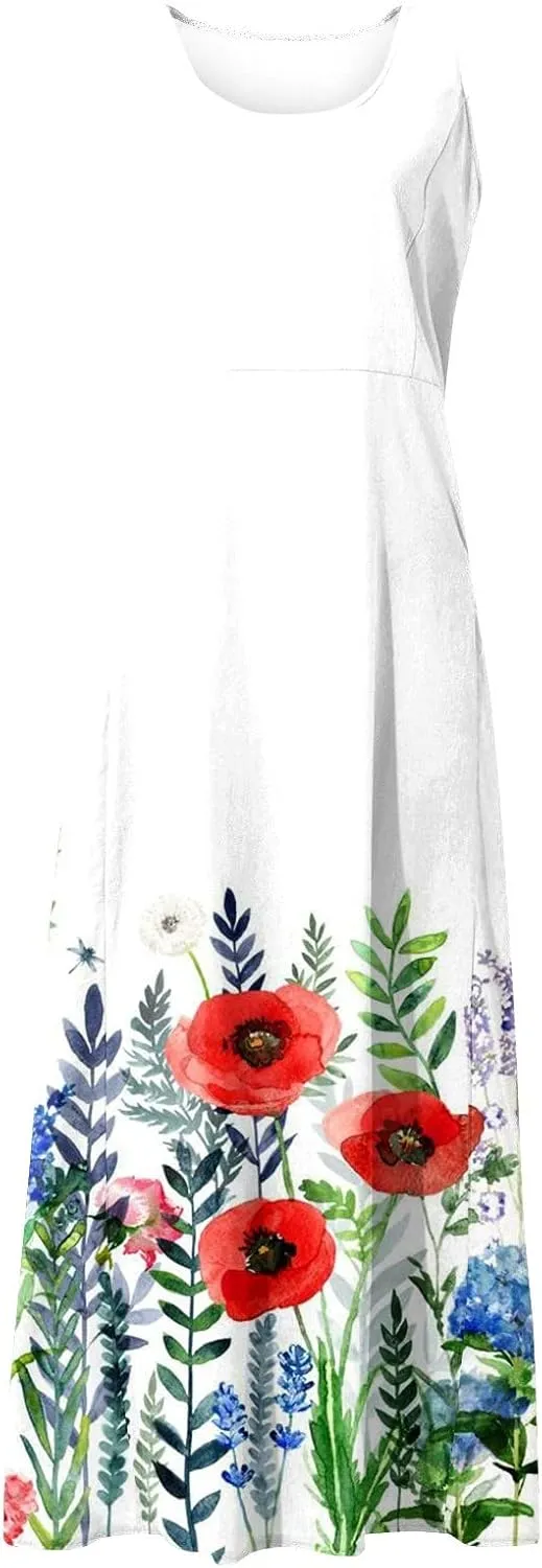 Dresses for Women 2025 Floral Print A-Line Sundress U Neck Sleeveless Tank Dress Trendy Boho Dress with Pockets