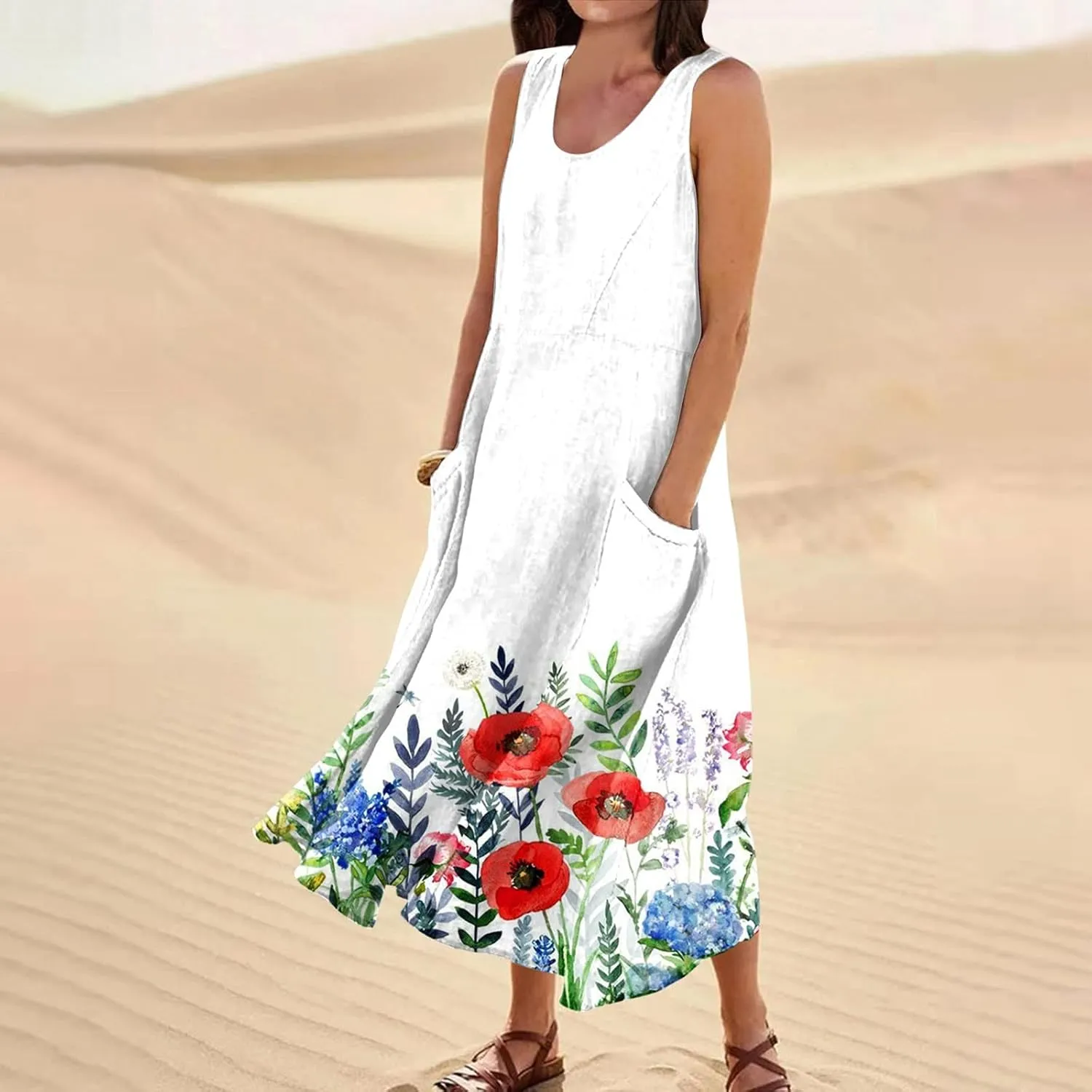 Dresses for Women 2025 Floral Print A-Line Sundress U Neck Sleeveless Tank Dress Trendy Boho Dress with Pockets