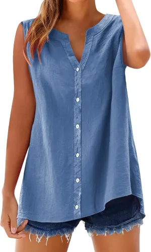 Dressy Tank Tops for Women Cotton Linen Sleeveless Button Down Shirts Trendy V Neck Blouses with Side Slit