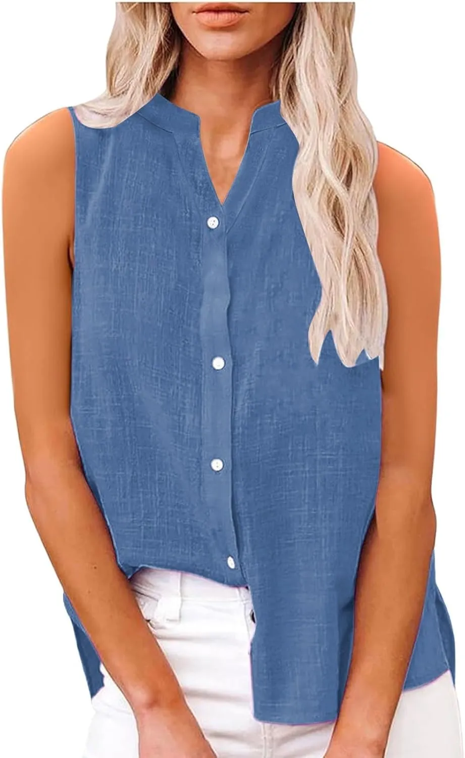 Dressy Tank Tops for Women Cotton Linen Sleeveless Button Down Shirts Trendy V Neck Blouses with Side Slit