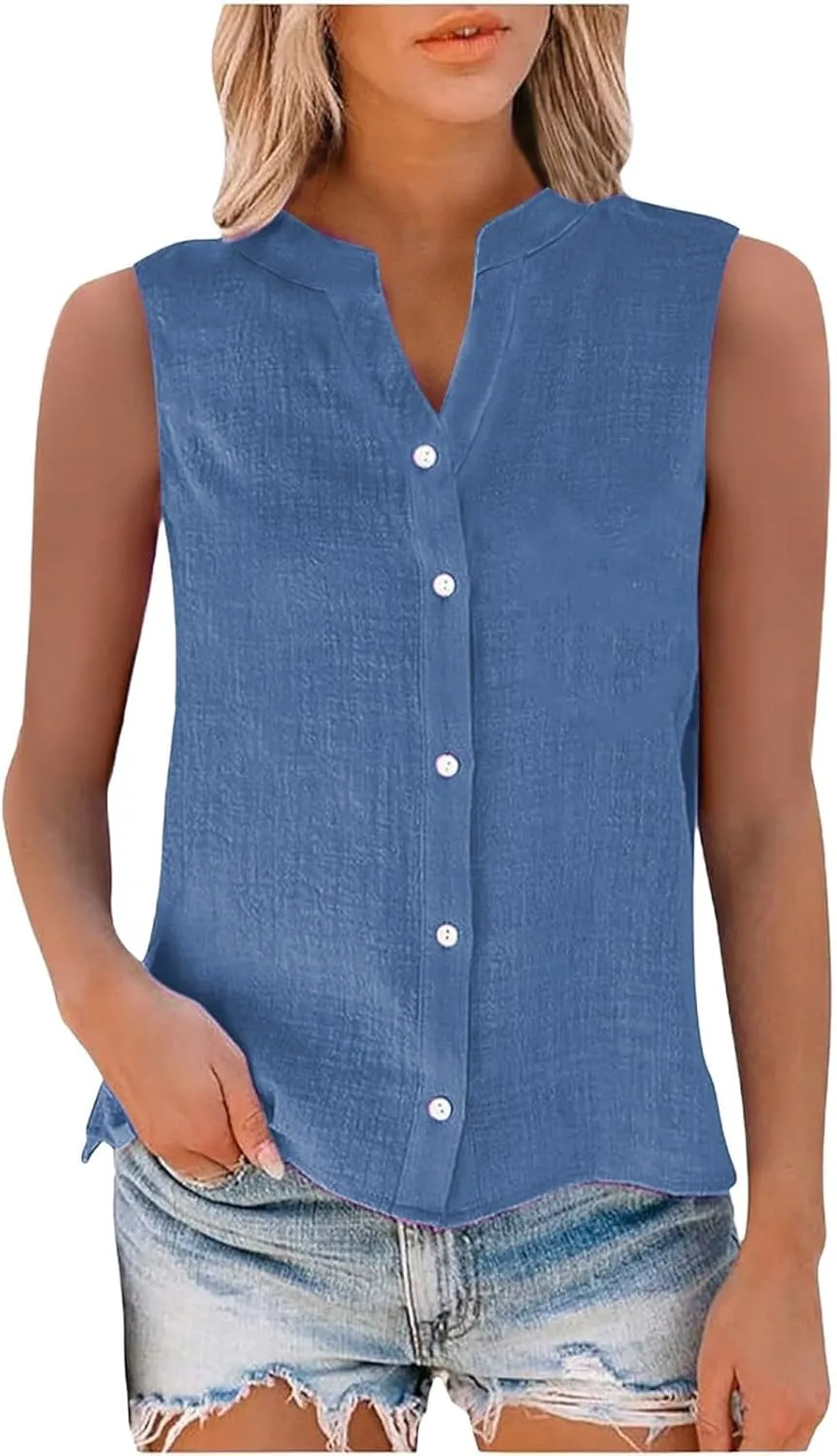 Dressy Tank Tops for Women Cotton Linen Sleeveless Button Down Shirts Trendy V Neck Blouses with Side Slit