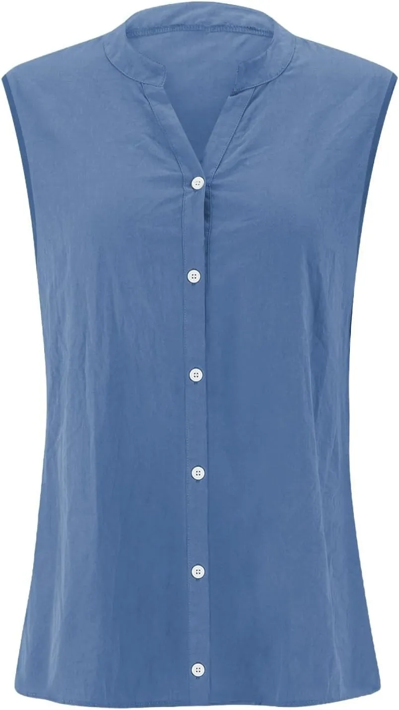 Dressy Tank Tops for Women Cotton Linen Sleeveless Button Down Shirts Trendy V Neck Blouses with Side Slit