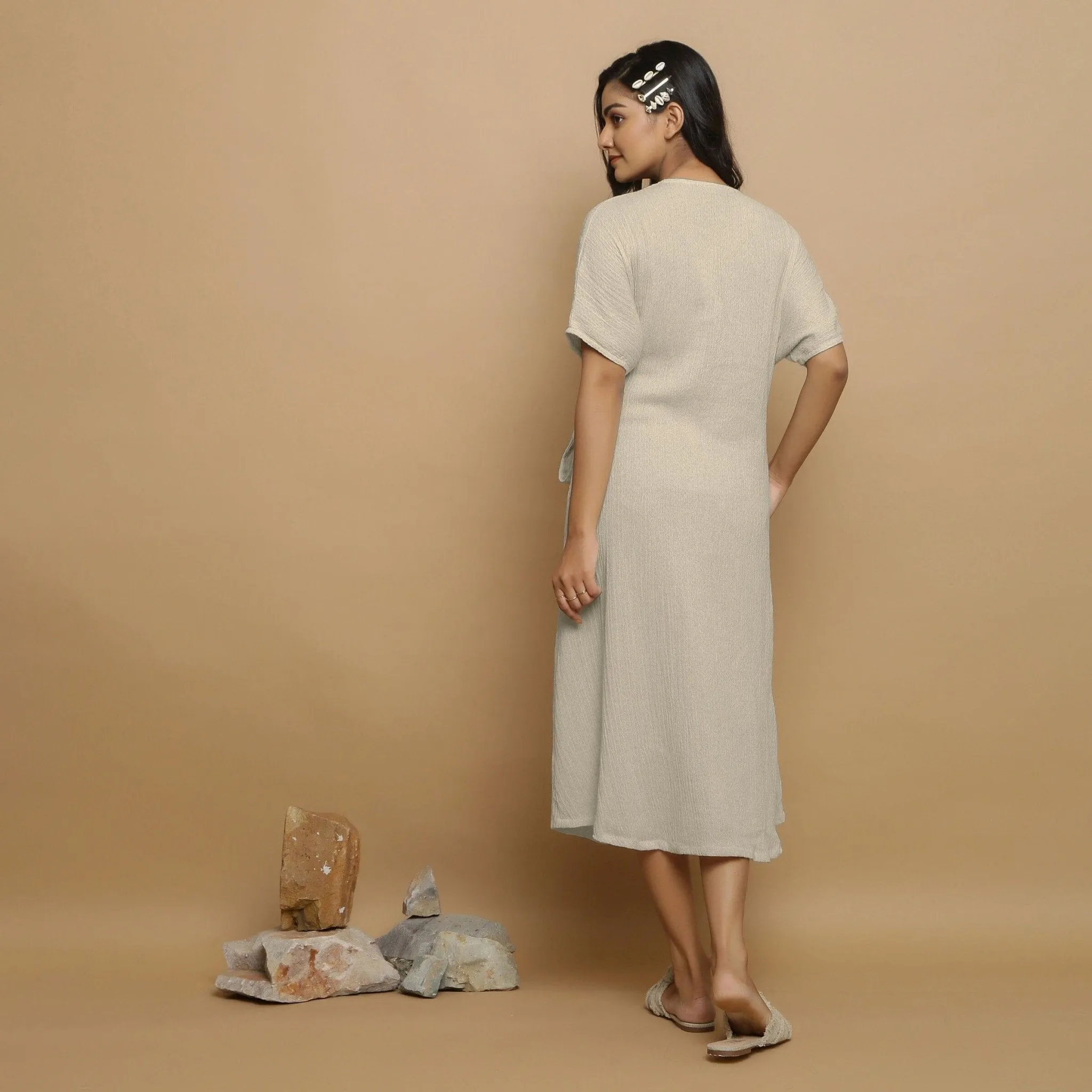 Ecru Undyed Crinkled Cotton Flax V-Neck Maxi Wrap Dress