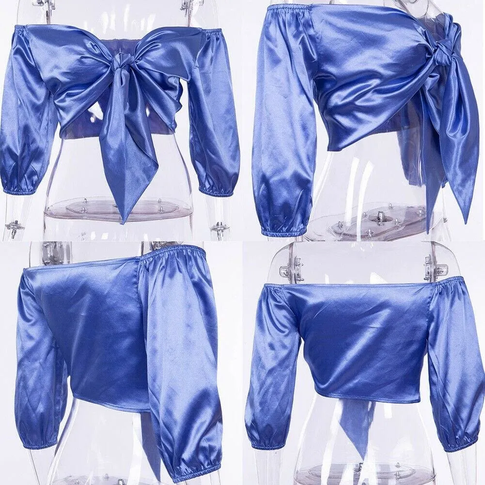 Fashion Women Satin Silk Tie Knot Vest Crop Tops Bra Elegant Ladies Off Shoulder Casual Strappy Shirt Tee Blouse