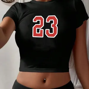 Fashion Women's Crop Tops Simple Number 23 Print Tee Shirts