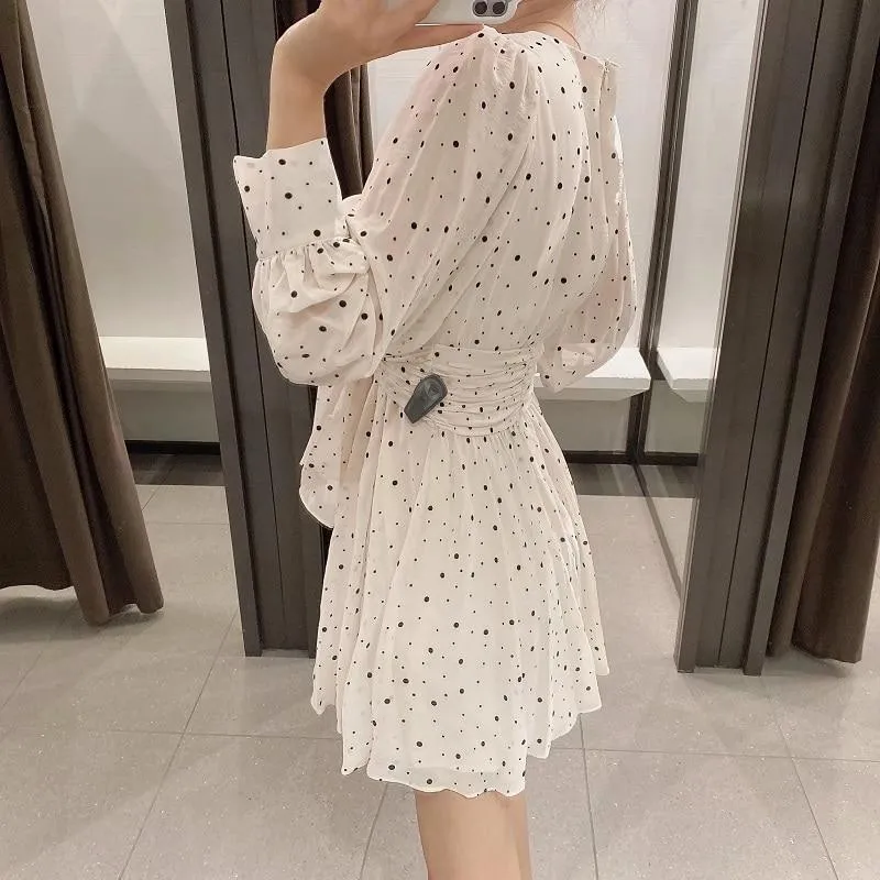 FashionSierra - Za Dress Woman Polka Dot Mini Dress Long sleeve V-neckline Zip fastening White Women's Dresses for Summer
