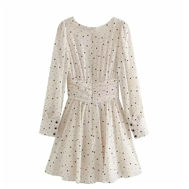 FashionSierra - Za Dress Woman Polka Dot Mini Dress Long sleeve V-neckline Zip fastening White Women's Dresses for Summer
