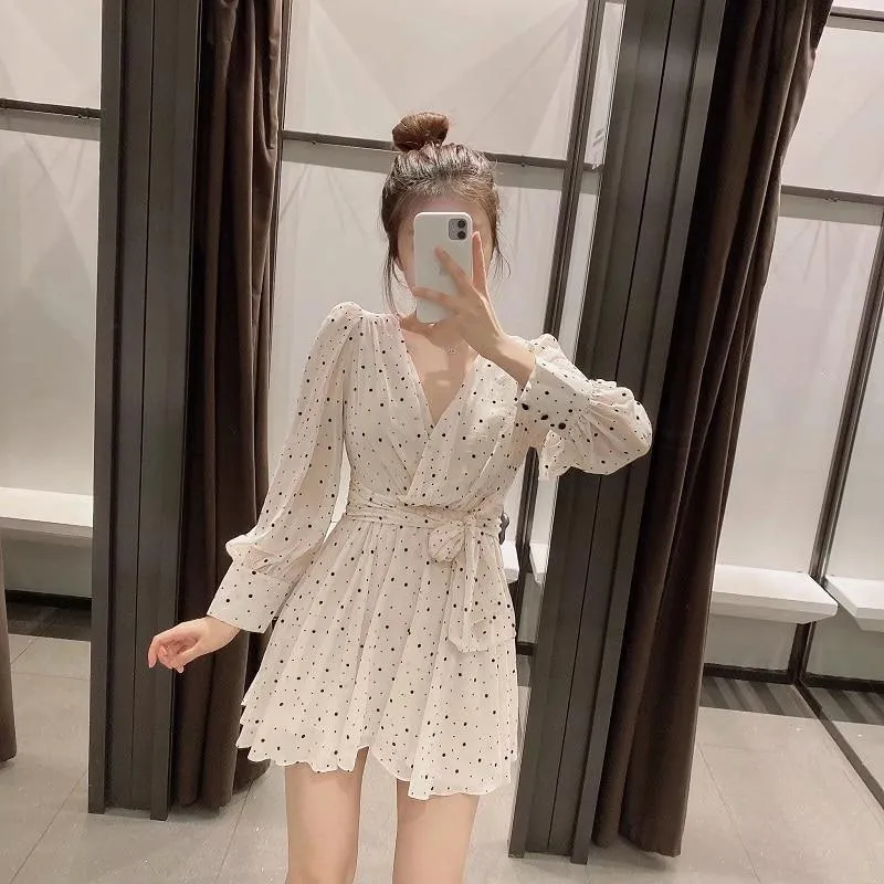 FashionSierra - Za Dress Woman Polka Dot Mini Dress Long sleeve V-neckline Zip fastening White Women's Dresses for Summer