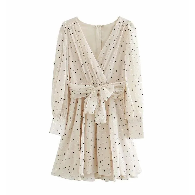 FashionSierra - Za Dress Woman Polka Dot Mini Dress Long sleeve V-neckline Zip fastening White Women's Dresses for Summer