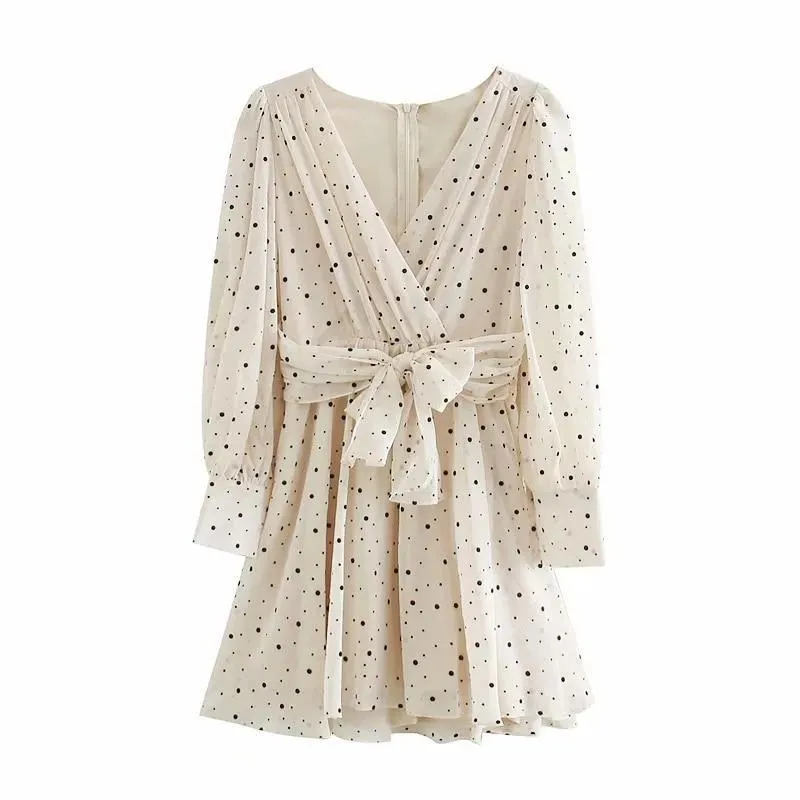 FashionSierra - Za Dress Woman Polka Dot Mini Dress Long sleeve V-neckline Zip fastening White Women's Dresses for Summer