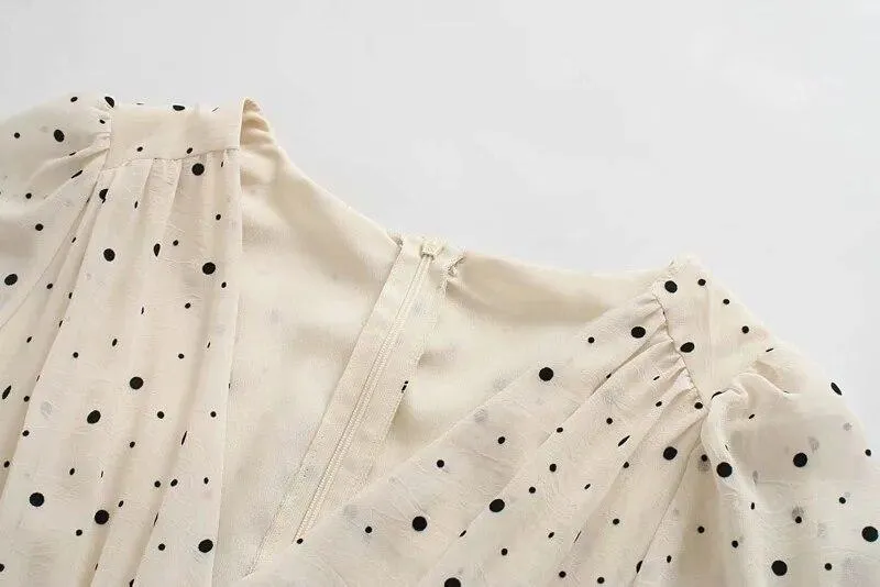 FashionSierra - Za Dress Woman Polka Dot Mini Dress Long sleeve V-neckline Zip fastening White Women's Dresses for Summer