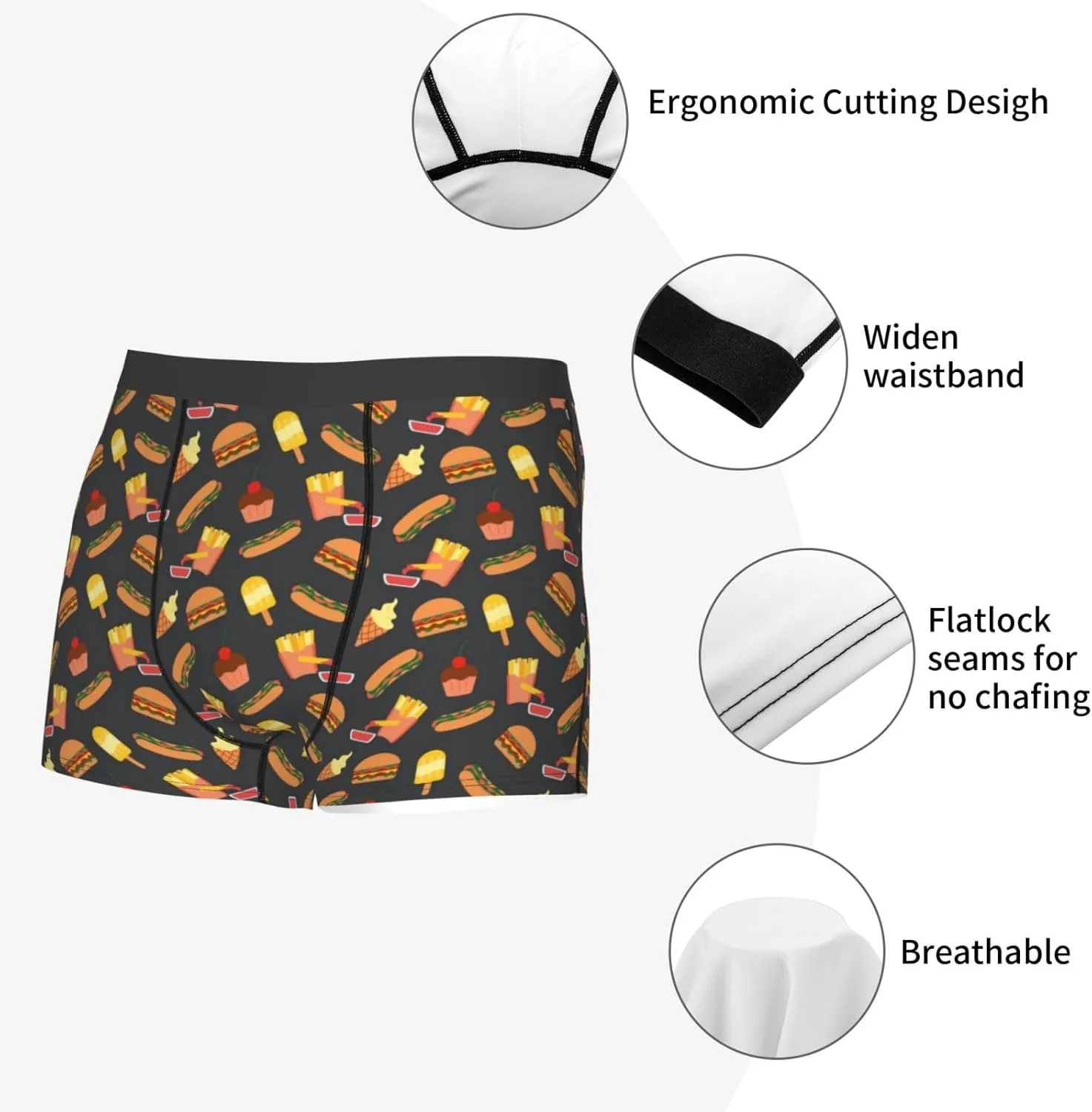 Fast Food Print Boxer Briefs For Men Breathable Underwear-
