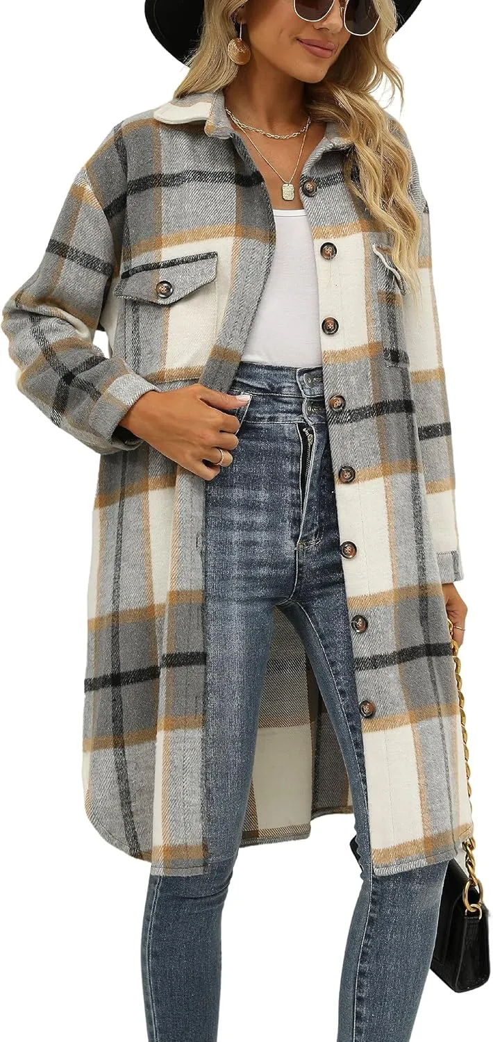 FindThy Women’s Long Plaid Shacket Wool Blend Button Down Shirt Jacket Coat with Pockets