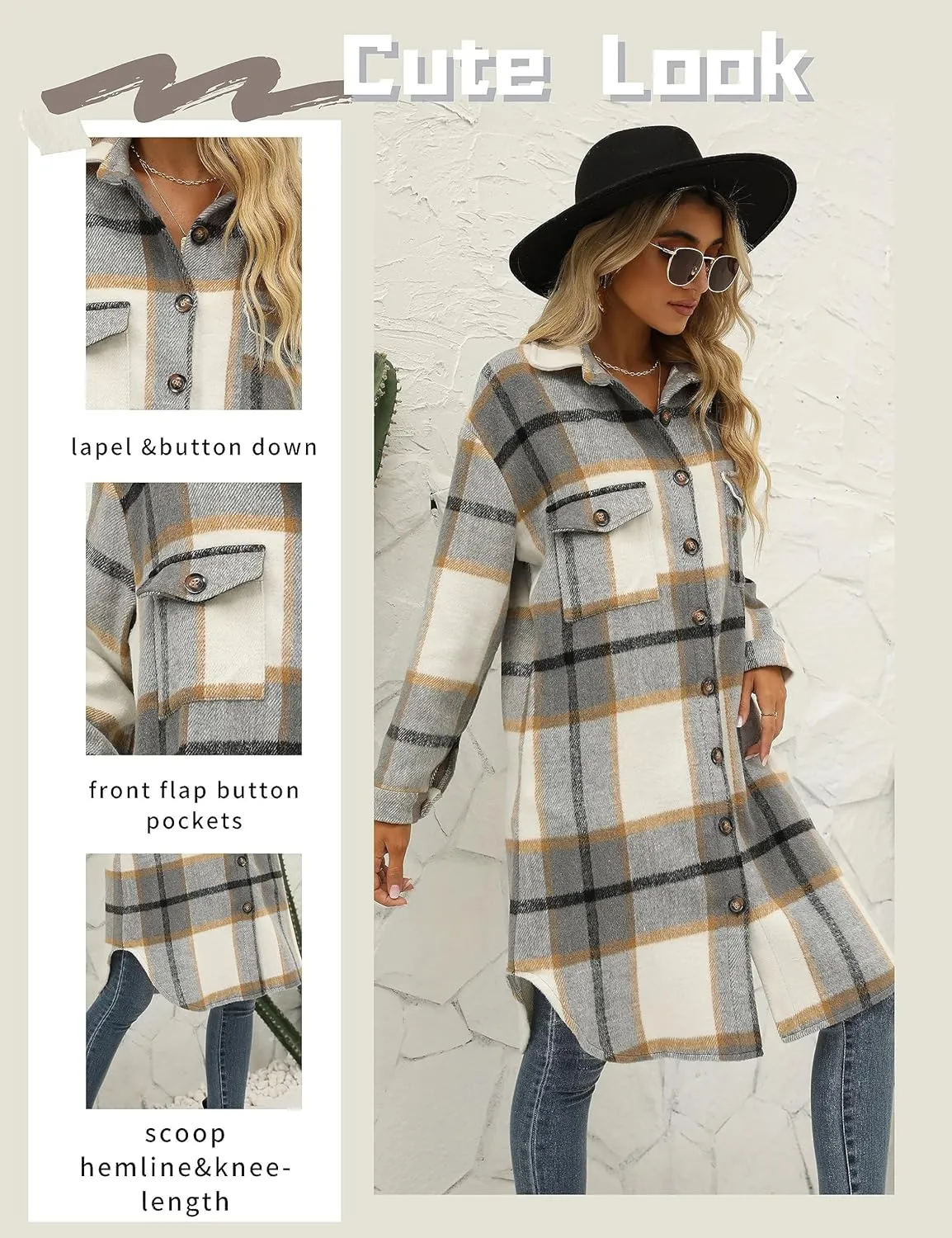 FindThy Women’s Long Plaid Shacket Wool Blend Button Down Shirt Jacket Coat with Pockets