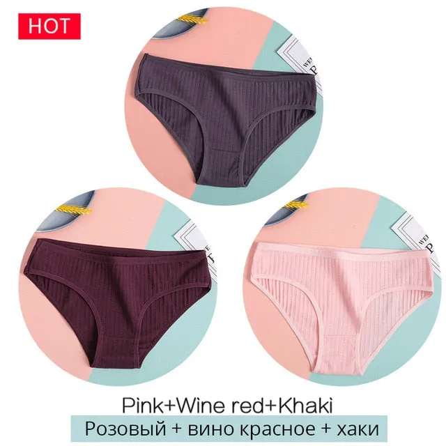 FINETOO 3PCS/Set Women's Underwear Cotton Panty Sexy Panties Female Underpants Solid Color Panty Intimates Women Lingerie M-2XL
