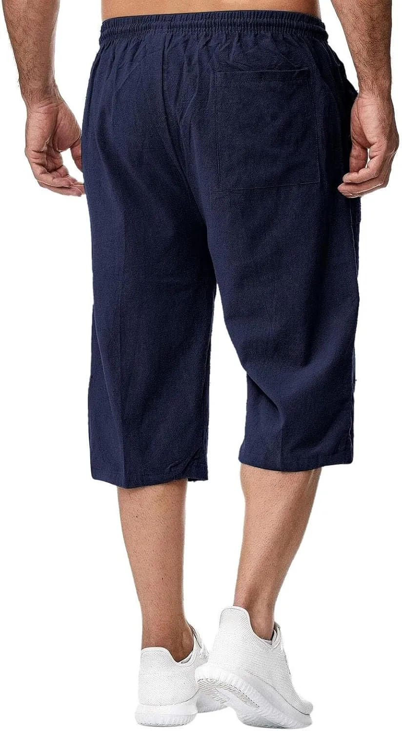 Fishing Shorts for Men Linen 3/4 Pants Knee Length Lightweight Summer Drawstring Capri Pant