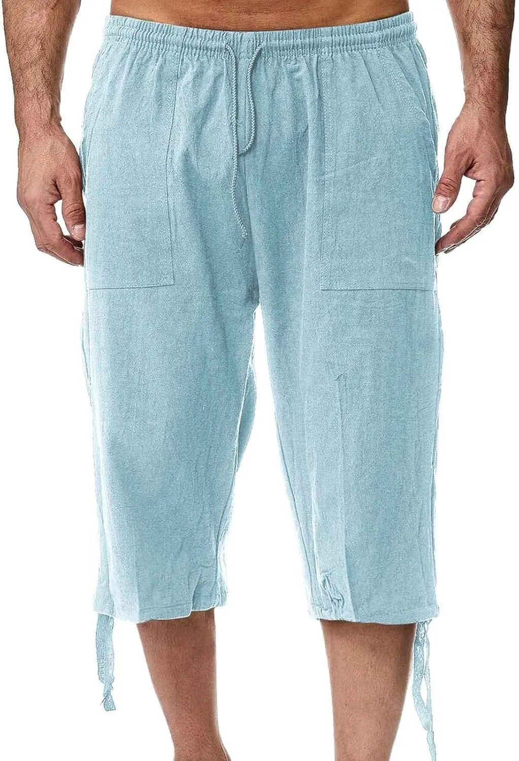 Fishing Shorts for Men Linen 3/4 Pants Knee Length Lightweight Summer Drawstring Capri Pant