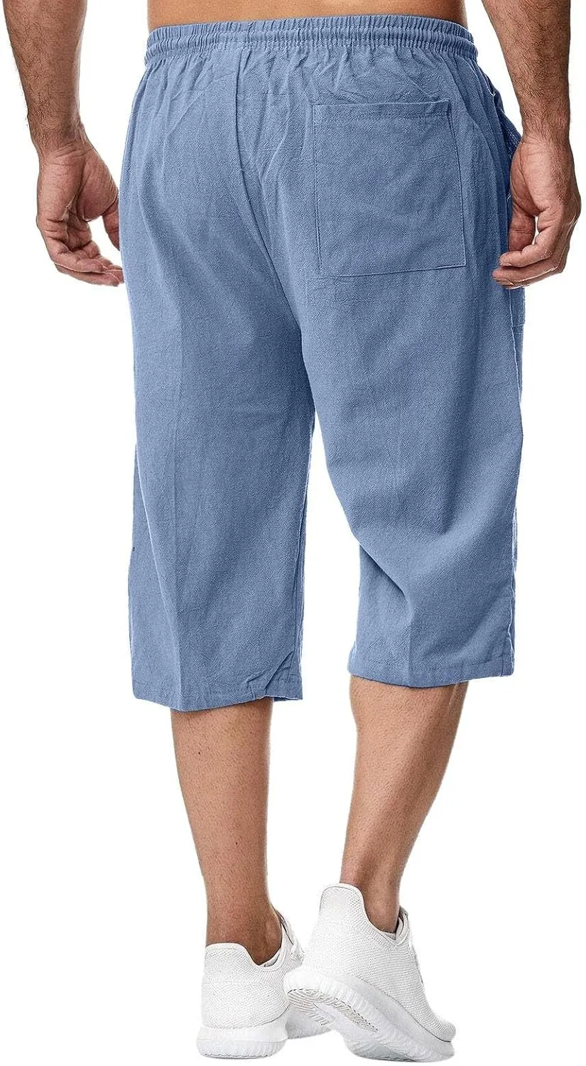 Fishing Shorts for Men Linen 3/4 Pants Knee Length Lightweight Summer Drawstring Capri Pant