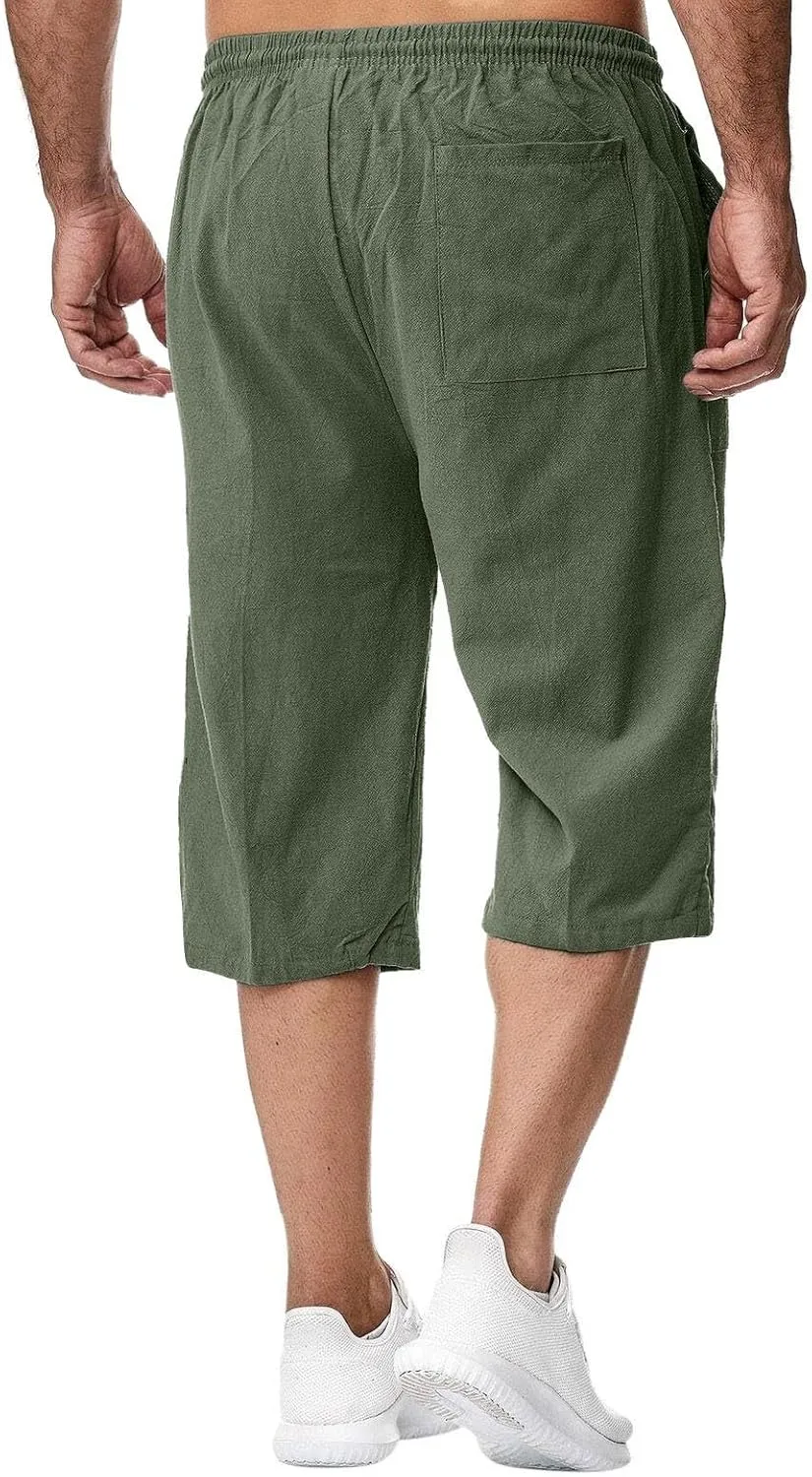 Fishing Shorts for Men Linen 3/4 Pants Knee Length Lightweight Summer Drawstring Capri Pant