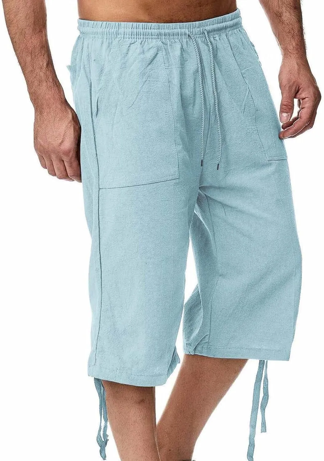 Fishing Shorts for Men Linen 3/4 Pants Knee Length Lightweight Summer Drawstring Capri Pant