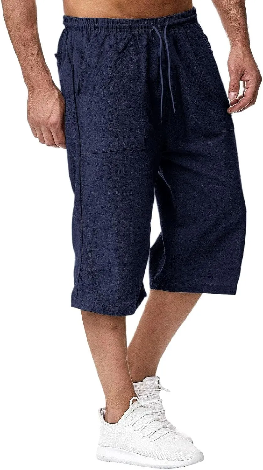 Fishing Shorts for Men Linen 3/4 Pants Knee Length Lightweight Summer Drawstring Capri Pant