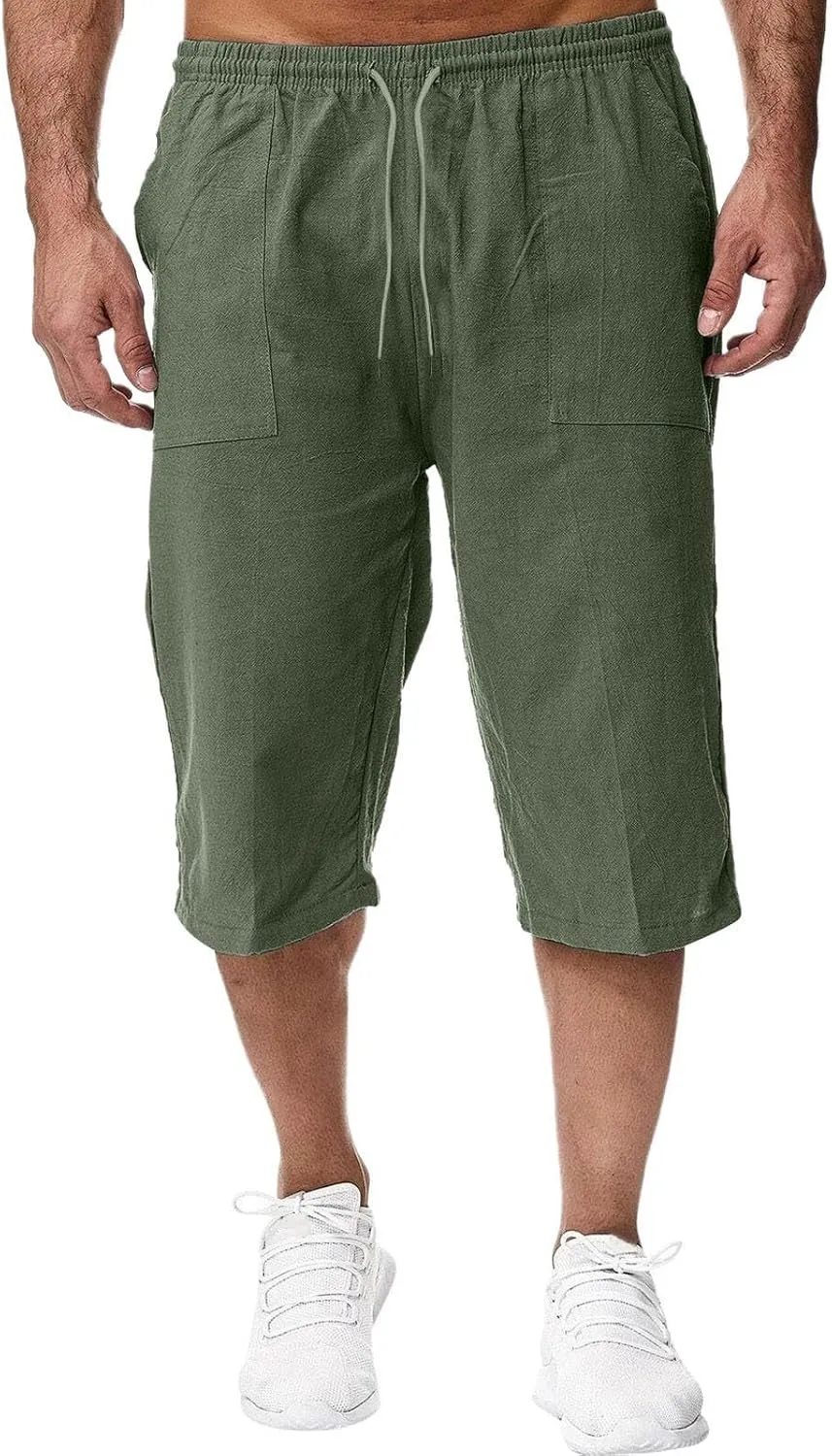 Fishing Shorts for Men Linen 3/4 Pants Knee Length Lightweight Summer Drawstring Capri Pant
